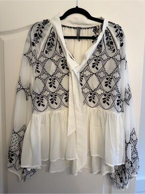 Anthropologie Sheer White Tie-Neck Blouse with Black Embroidery